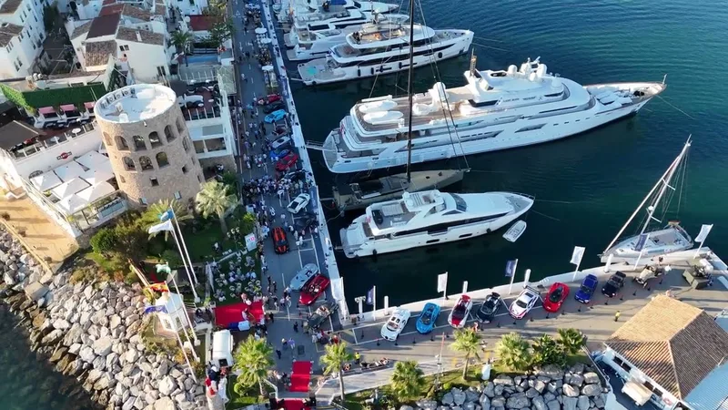 Puerto Banus marina aerial view with superyachts and port, Marbella
