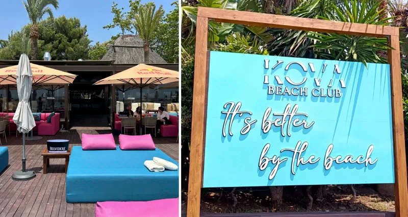 Kova Beach Club Puerto Banus private bay with daybeds and Mediterranean sea