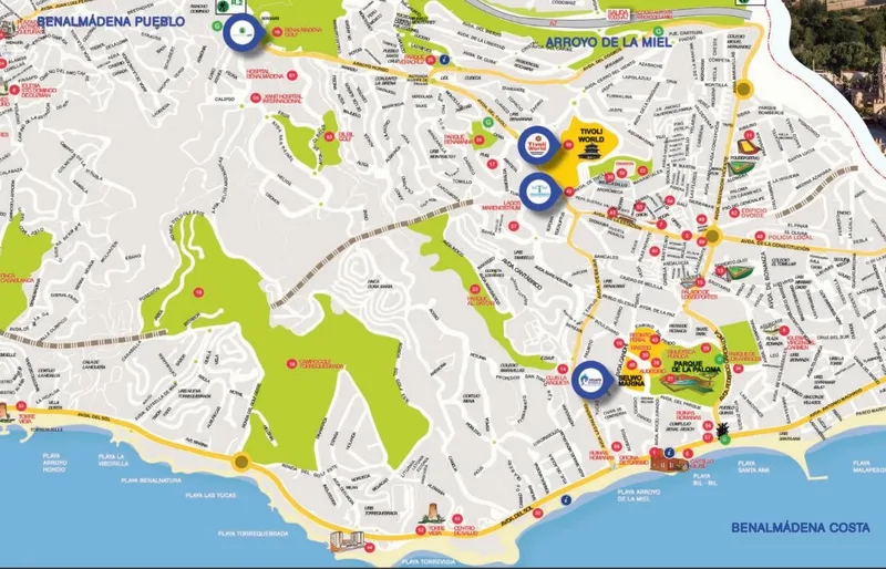 Illustrated map showing the three zones of Benalmadena municipality: Pueblo in the hills, Arroyo de la Miel in the middle, and Costa with Puerto Marina on the seafront